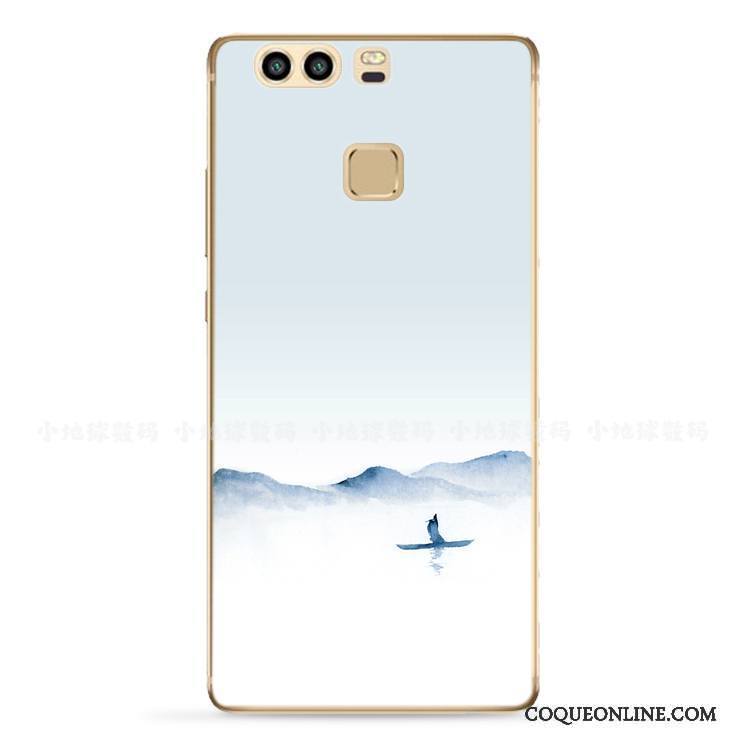 Huawei P9 Plus Encre Fluide Doux Bleu Clair Protection Style Chinois Coque De Téléphone Tendance