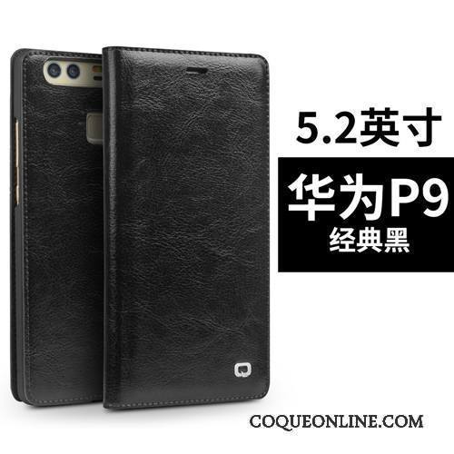 Huawei P9 Plus Haute Cuir Véritable Coque Téléphone Portable Étui En Cuir Noir Protection