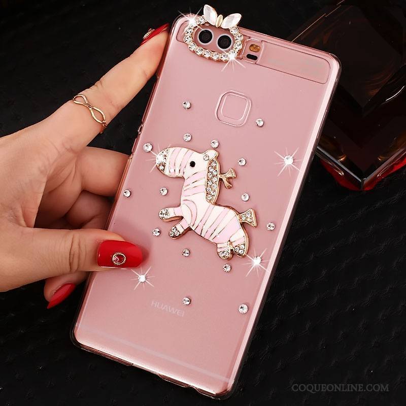 Huawei P9 Plus Protection Rose Étui Strass Coque De Téléphone Pu Difficile