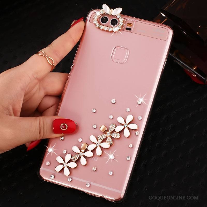 Huawei P9 Plus Protection Rose Étui Strass Coque De Téléphone Pu Difficile