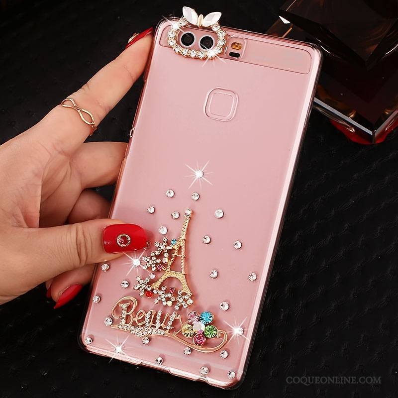 Huawei P9 Plus Protection Rose Étui Strass Coque De Téléphone Pu Difficile