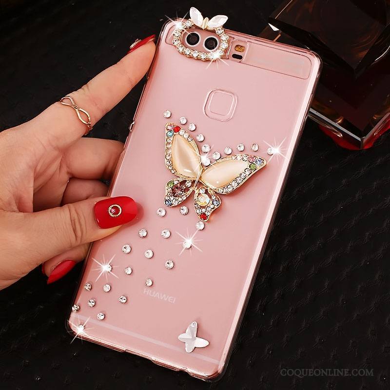 Huawei P9 Plus Protection Rose Étui Strass Coque De Téléphone Pu Difficile