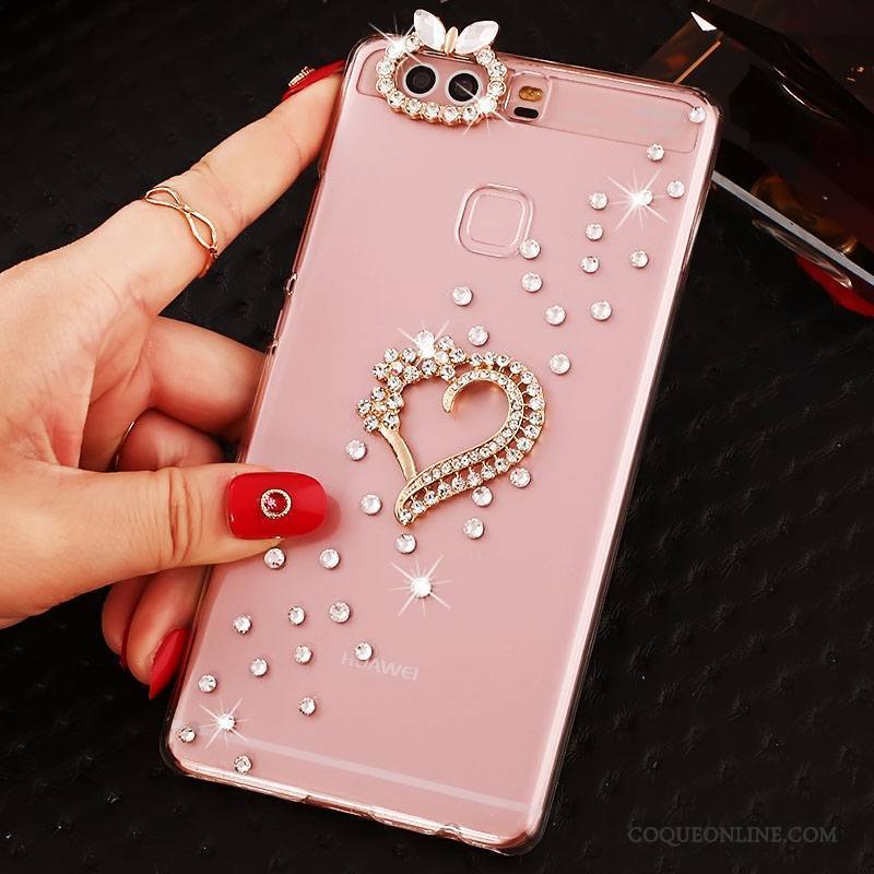 Huawei P9 Plus Protection Rose Étui Strass Coque De Téléphone Pu Difficile