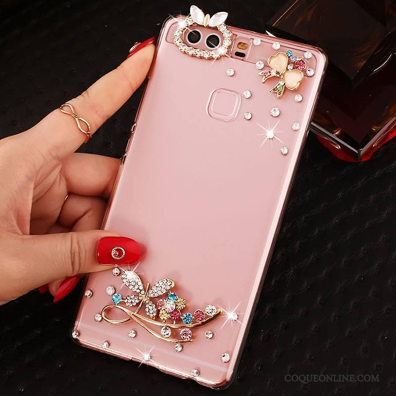 Huawei P9 Plus Protection Rose Étui Strass Coque De Téléphone Pu Difficile