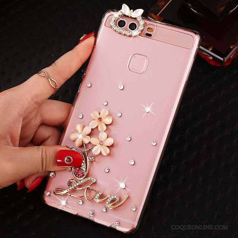 Huawei P9 Plus Protection Rose Étui Strass Coque De Téléphone Pu Difficile