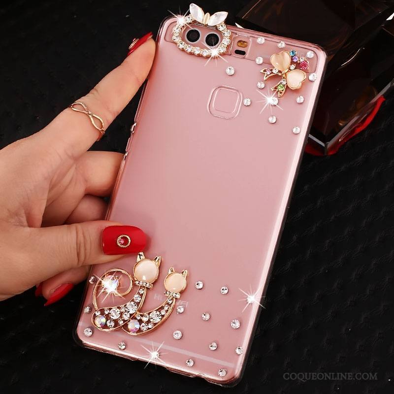 Huawei P9 Plus Protection Rose Étui Strass Coque De Téléphone Pu Difficile