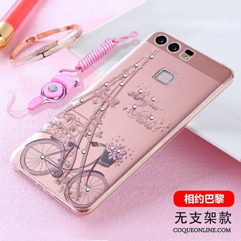 Huawei P9 Plus Strass Coque De Téléphone Tendance Gaufrage Pu Silicone Ornements Suspendus