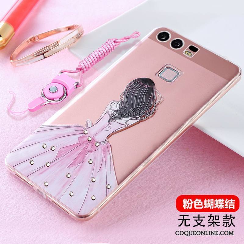 Huawei P9 Plus Strass Coque De Téléphone Tendance Gaufrage Pu Silicone Ornements Suspendus