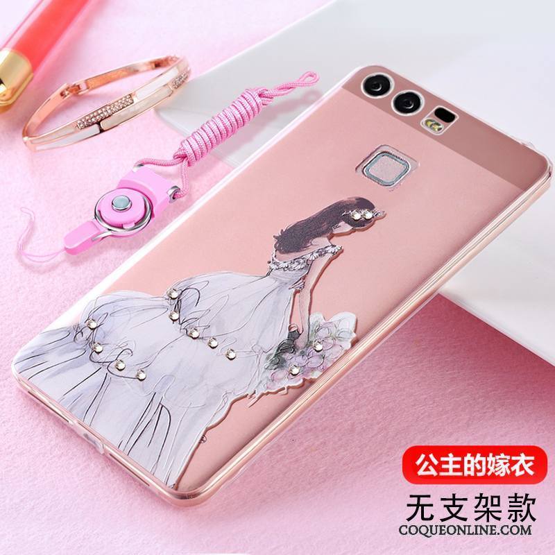 Huawei P9 Plus Strass Coque De Téléphone Tendance Gaufrage Pu Silicone Ornements Suspendus