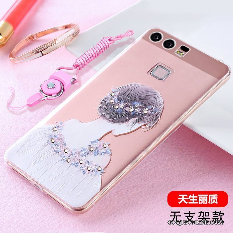 Huawei P9 Plus Strass Coque De Téléphone Tendance Gaufrage Pu Silicone Ornements Suspendus