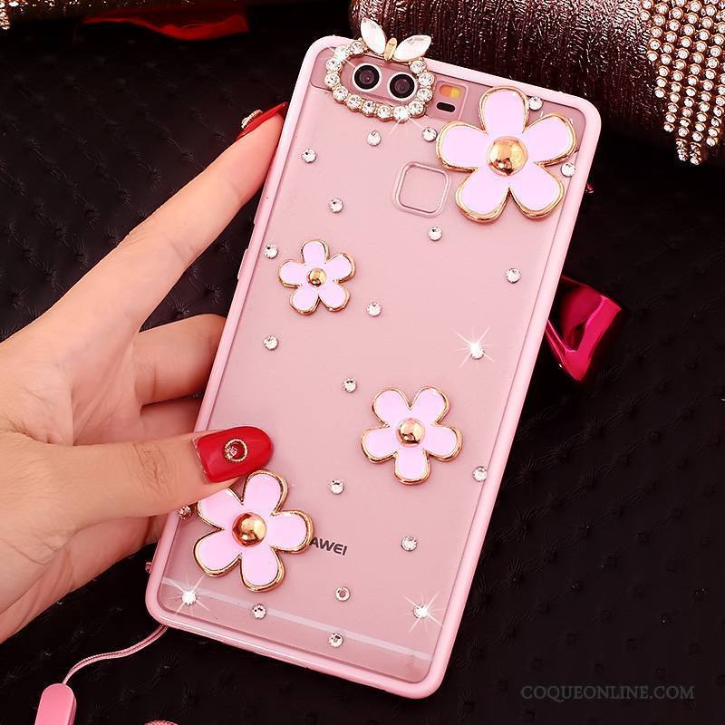 Huawei P9 Rose Protection Étui Coque De Téléphone Strass Silicone Ornements Suspendus