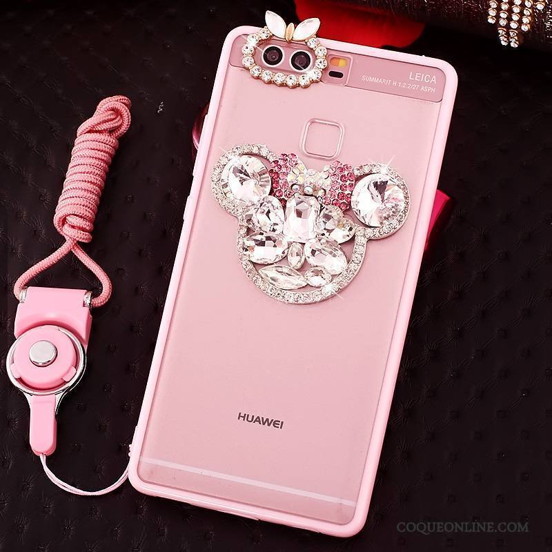 Huawei P9 Rose Protection Étui Coque De Téléphone Strass Silicone Ornements Suspendus