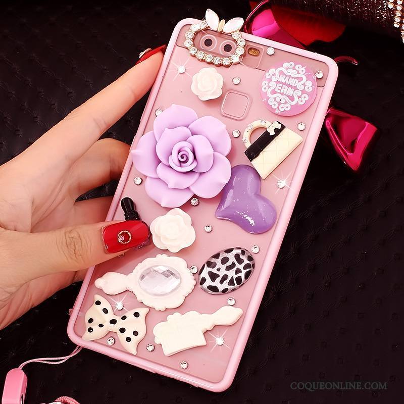 Huawei P9 Rose Protection Étui Coque De Téléphone Strass Silicone Ornements Suspendus