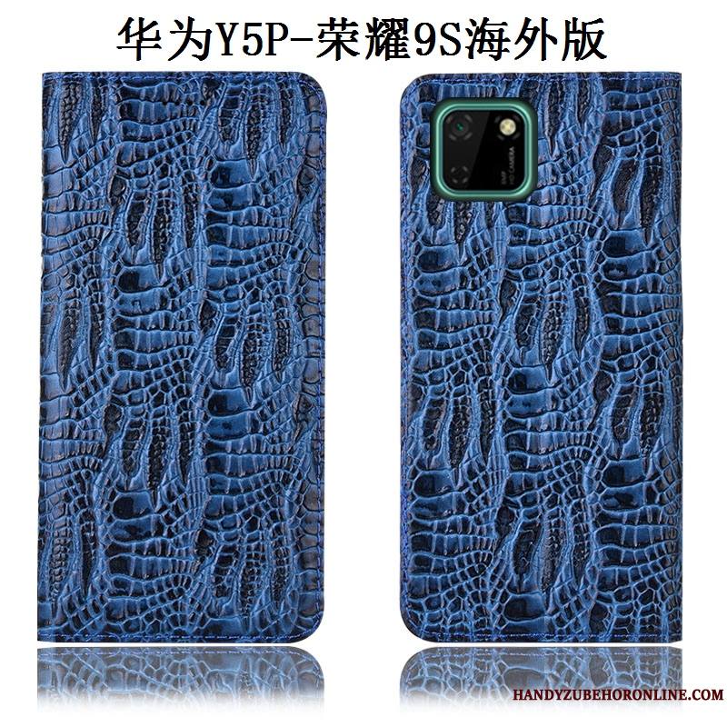 Huawei Y5p Coque Modèle Fleurie Cuir Véritable Housse Étui Bleu Protection Incassable