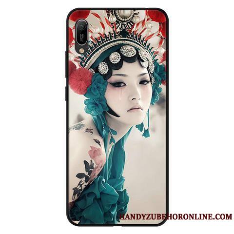 Huawei Y6 2019 Coque Fluide Doux Délavé En Daim Protection Téléphone Portable Étui Noir Dessin Animé