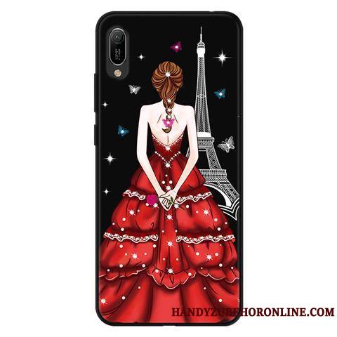 Huawei Y6 2019 Coque Fluide Doux Délavé En Daim Protection Téléphone Portable Étui Noir Dessin Animé