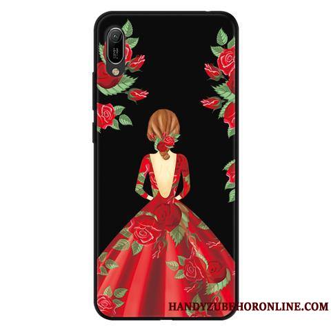 Huawei Y6 2019 Coque Fluide Doux Délavé En Daim Protection Téléphone Portable Étui Noir Dessin Animé