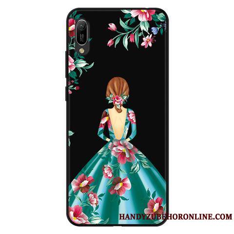 Huawei Y6 2019 Coque Fluide Doux Délavé En Daim Protection Téléphone Portable Étui Noir Dessin Animé