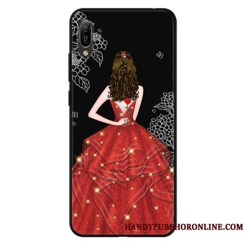 Huawei Y6 2019 Coque Fluide Doux Délavé En Daim Protection Téléphone Portable Étui Noir Dessin Animé