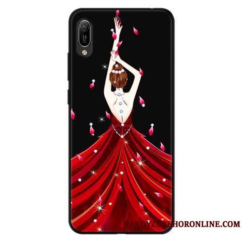 Huawei Y6 2019 Coque Fluide Doux Délavé En Daim Protection Téléphone Portable Étui Noir Dessin Animé