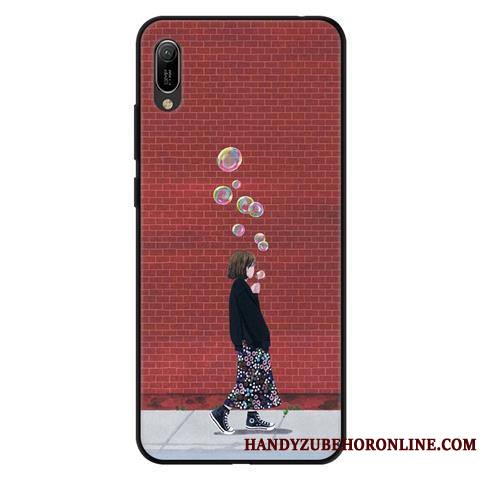 Huawei Y6 2019 Coque Fluide Doux Délavé En Daim Protection Téléphone Portable Étui Noir Dessin Animé