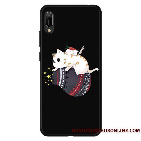 Huawei Y6 2019 Coque Fluide Doux Délavé En Daim Protection Téléphone Portable Étui Noir Dessin Animé