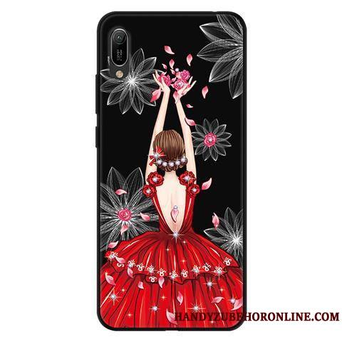 Huawei Y6 2019 Coque Fluide Doux Délavé En Daim Protection Téléphone Portable Étui Noir Dessin Animé