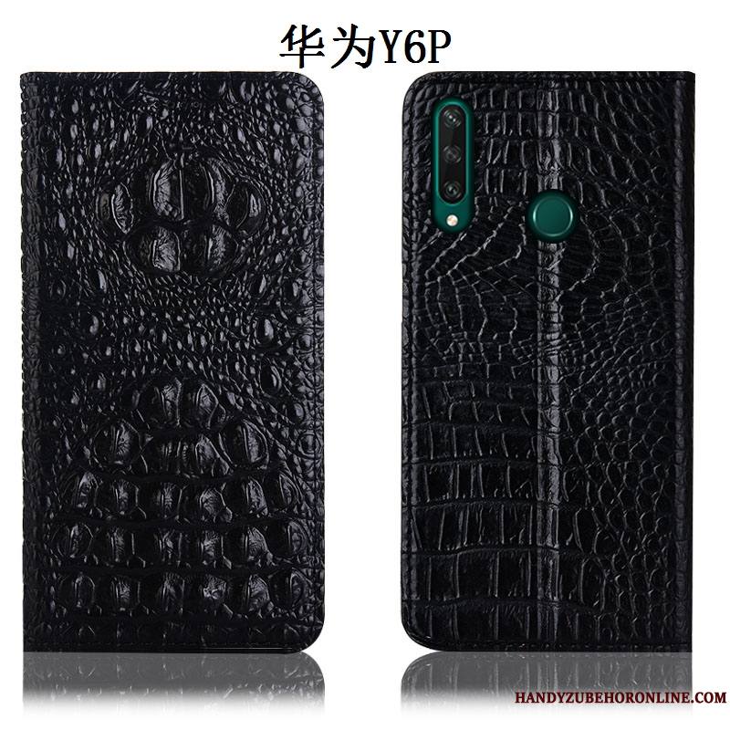 Huawei Y6p Coque Housse Incassable Protection Cuir Véritable Noir Étui Modèle Fleurie