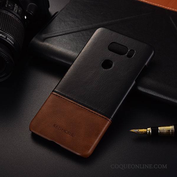 Lg V30 Protection Business Noir Très Mince Cuir Coque De Téléphone Cuir Véritable