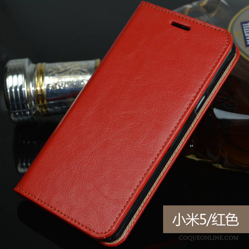 Mi 5 Coque Incassable Cuir Véritable Rouge Fluide Doux Business Housse Tout Compris