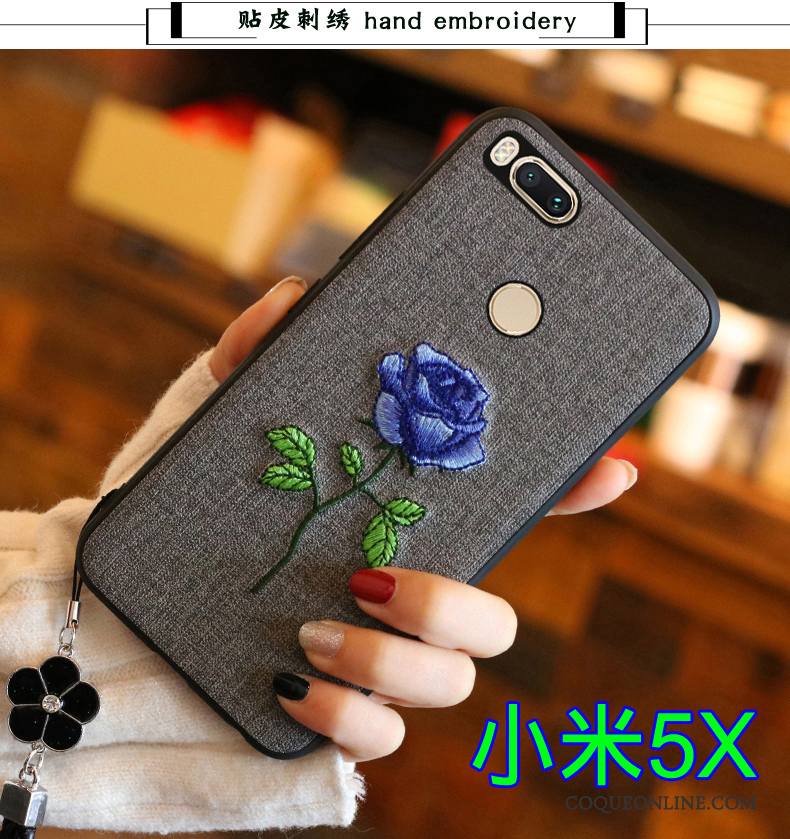 Mi 5x Coque Petit Broderie Bleu Étui Silicone Tout Compris Fluide Doux