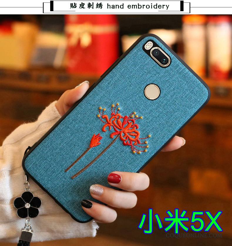 Mi 5x Coque Petit Broderie Bleu Étui Silicone Tout Compris Fluide Doux