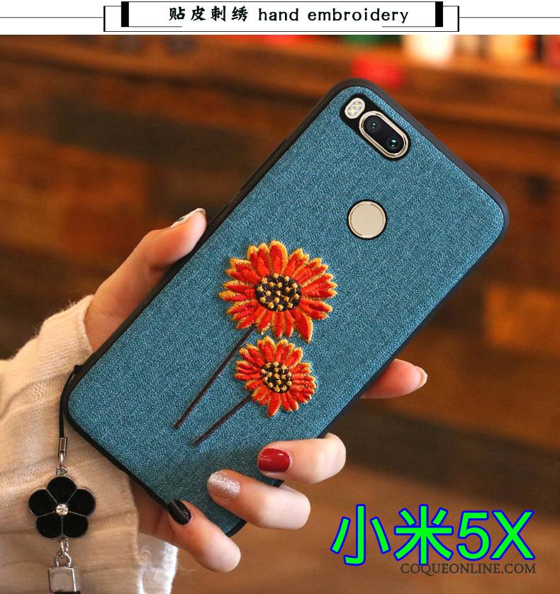 Mi 5x Coque Petit Broderie Bleu Étui Silicone Tout Compris Fluide Doux