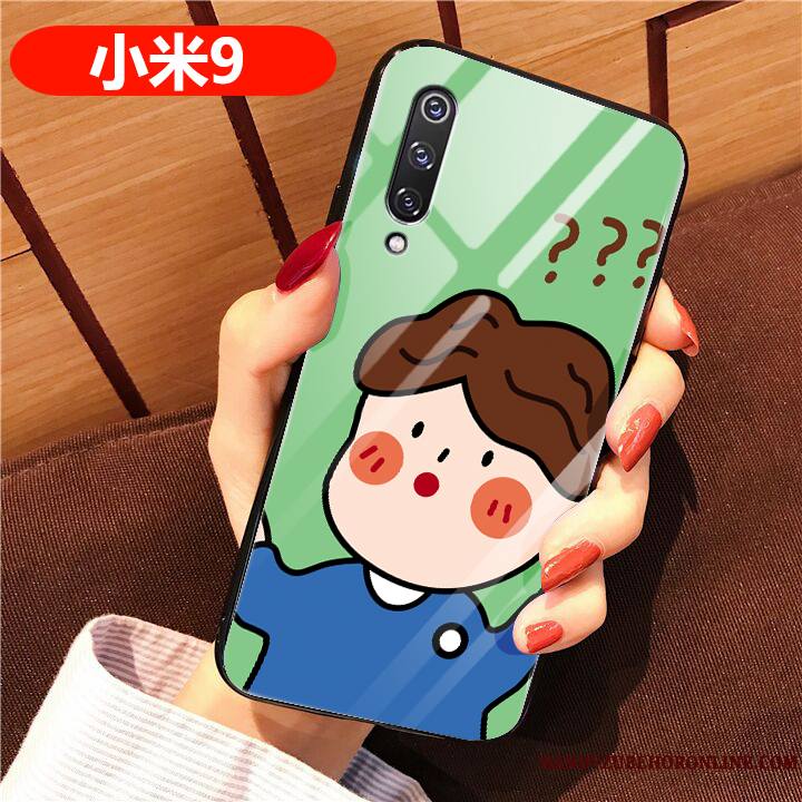 Mi 9 Coque Amoureux Dessin Animé Silicone Vert Petit Verre Modèle