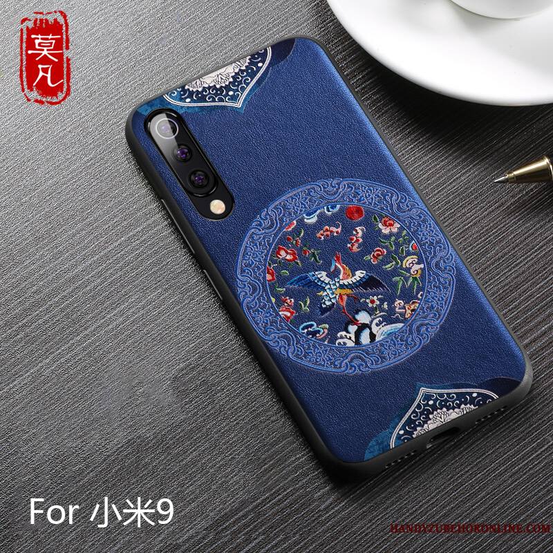 Mi 9 Coque Vintage Tout Compris Ornements Suspendus Étui Incassable Cuir Bleu