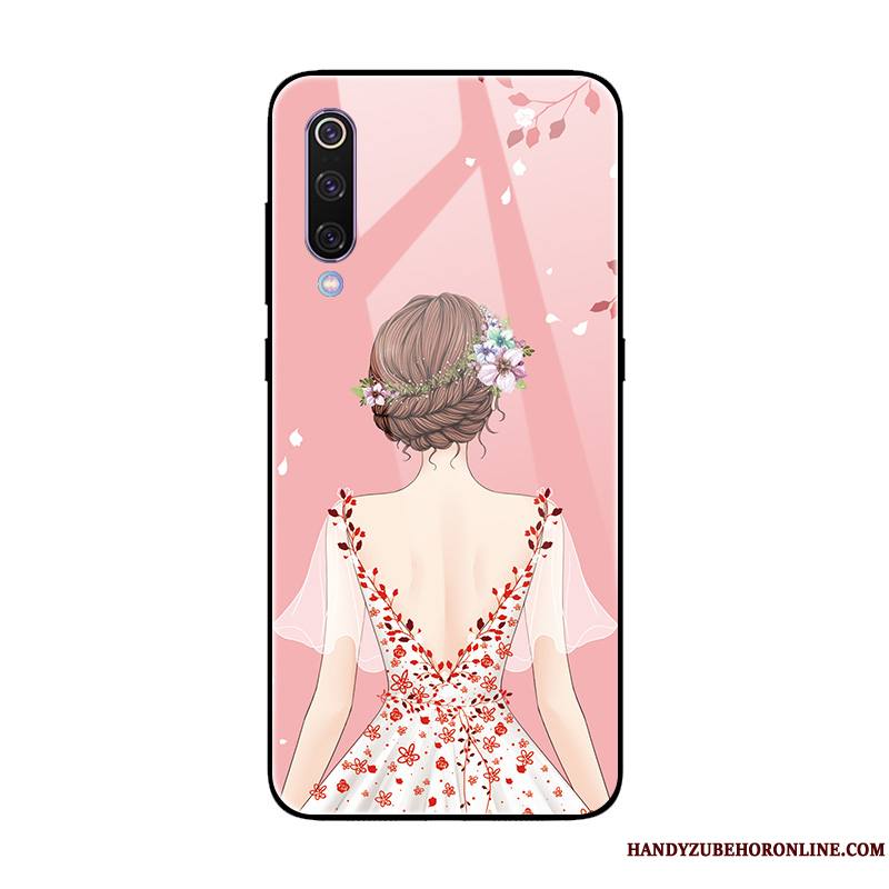 Mi 9 Se Fluide Doux Miroir Coque De Téléphone Créatif Verre Trempé Rose Petit