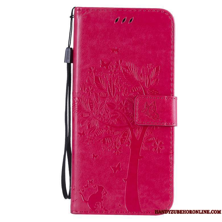 Mi A3 Coque Chat Étui En Cuir Arbres Clamshell Rouge Petit Protection