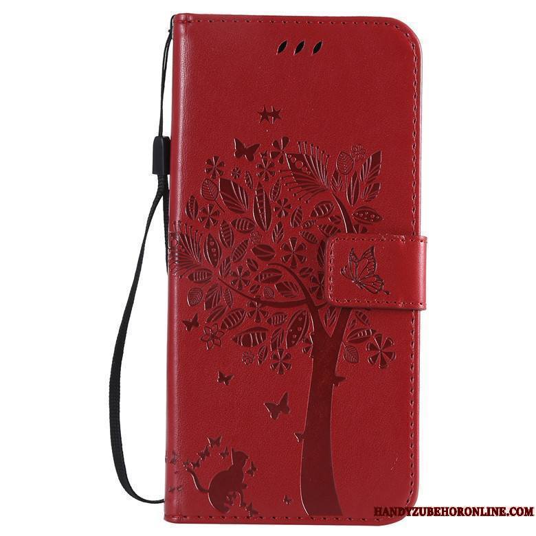 Mi A3 Coque Chat Étui En Cuir Arbres Clamshell Rouge Petit Protection