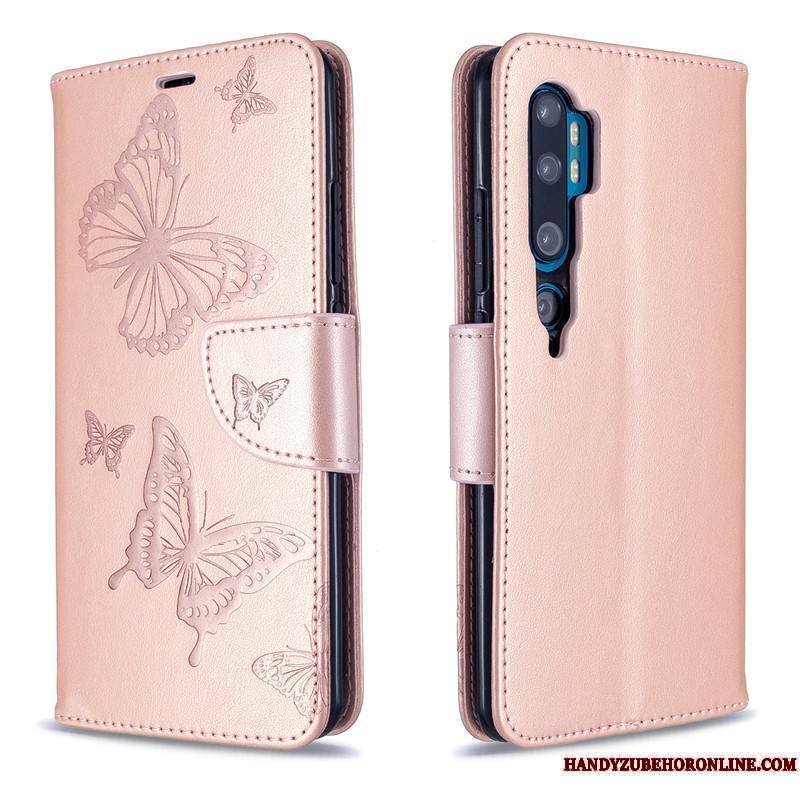 Mi Note 10 Coque Similicuir Protection Papillon En Relief Rouge Étui En Cuir Petit