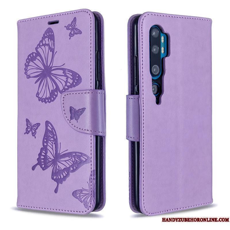 Mi Note 10 Coque Similicuir Protection Papillon En Relief Rouge Étui En Cuir Petit