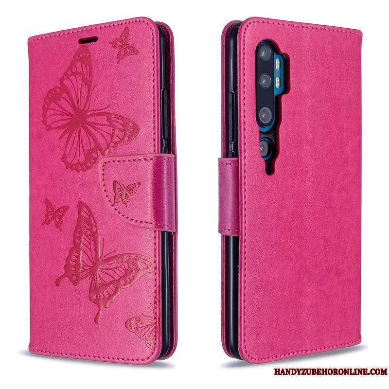 Mi Note 10 Coque Similicuir Protection Papillon En Relief Rouge Étui En Cuir Petit