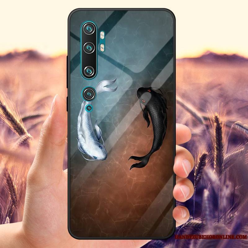 Mi Note 10 Marque De Tendance Petit Personnalisé Coque De Téléphone Bleu Marin Miroir Verre Trempé