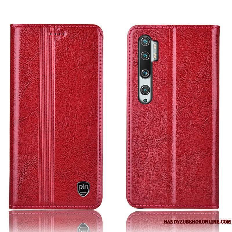 Mi Note 10 Rouge Étui Cuir Véritable Noir Coque De Téléphone Tout Compris Protection