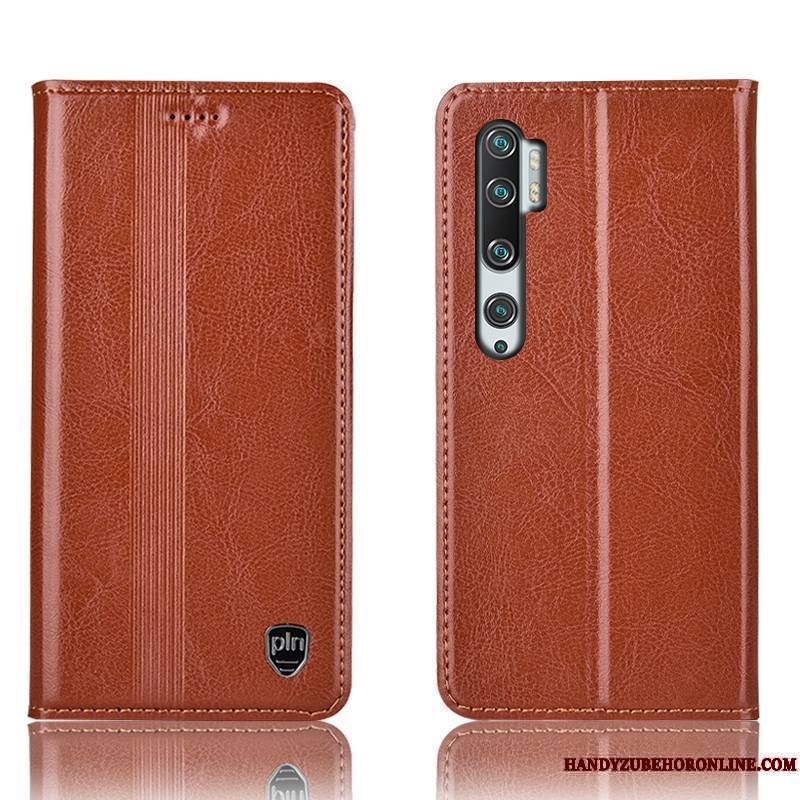 Mi Note 10 Rouge Étui Cuir Véritable Noir Coque De Téléphone Tout Compris Protection