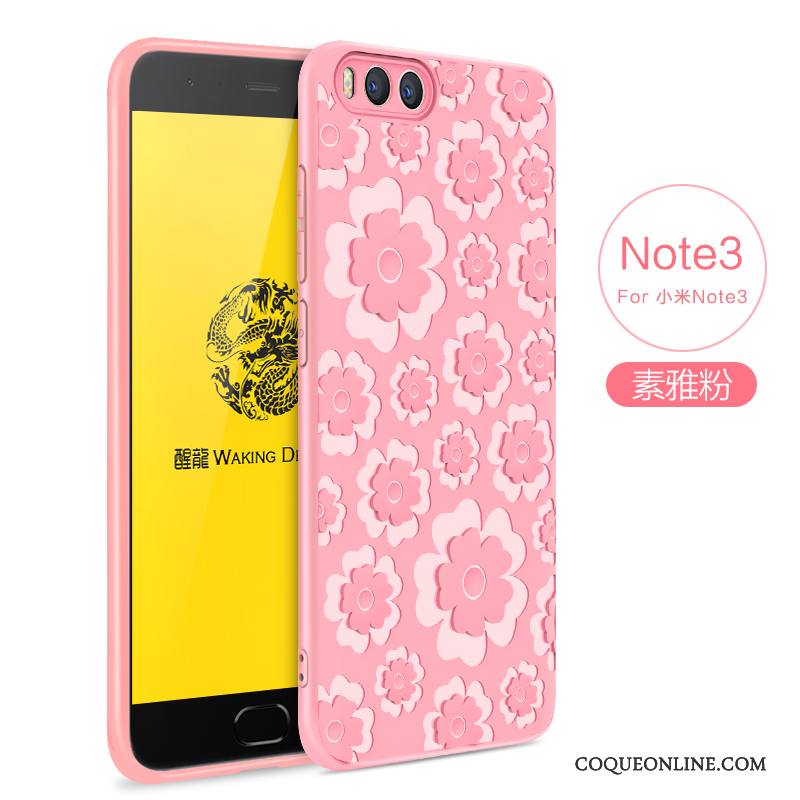 Mi Note 3 Coque Fluide Doux Rose Gaufrage Simple Couleur Unie Protection Petit