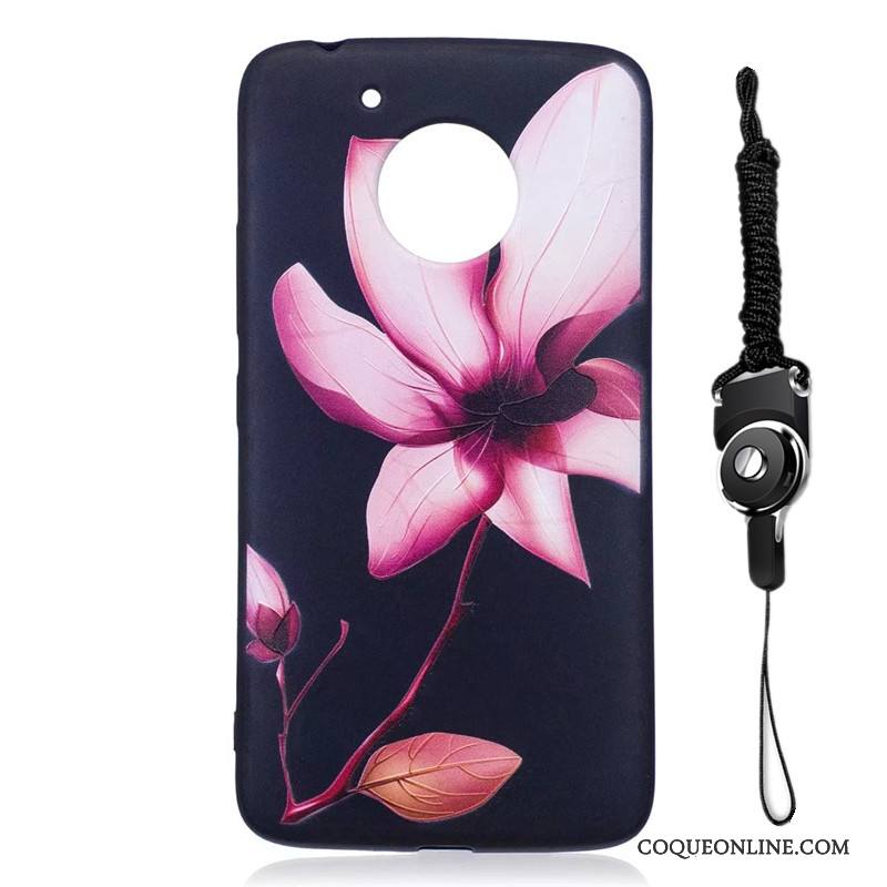 Moto G5 Dessin Animé Fleurs Étui Peinture Coque Délavé En Daim Noir