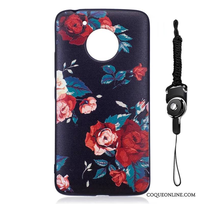 Moto G5 Dessin Animé Fleurs Étui Peinture Coque Délavé En Daim Noir