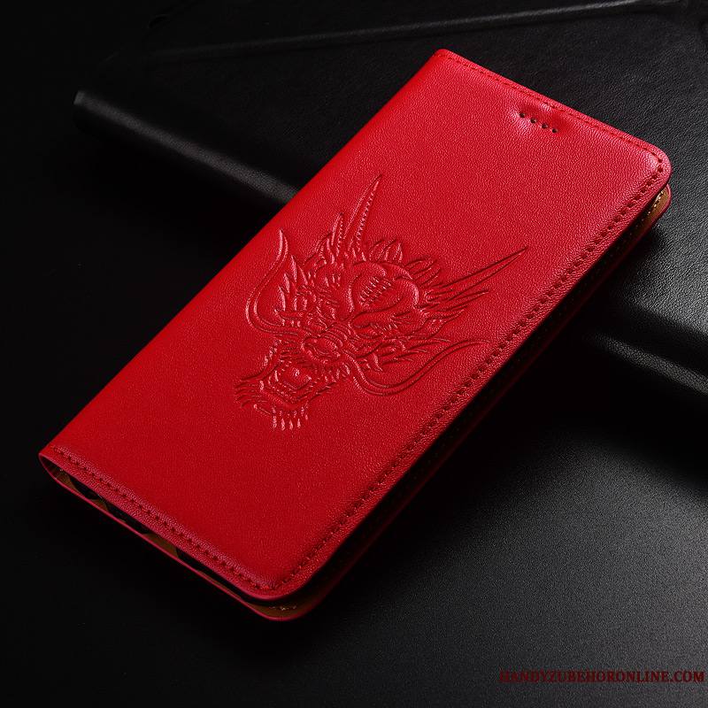 Moto G7 Cuir Véritable Coque De Téléphone Téléphone Portable Modèle Fleurie Étui Rouge Dragon