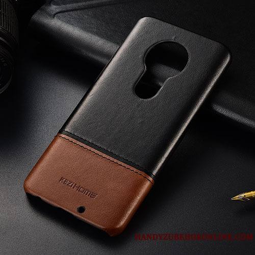 Moto G7 Play Étui Téléphone Portable Couture Couleurs Coque De Téléphone Protection Kaki Cuir Véritable