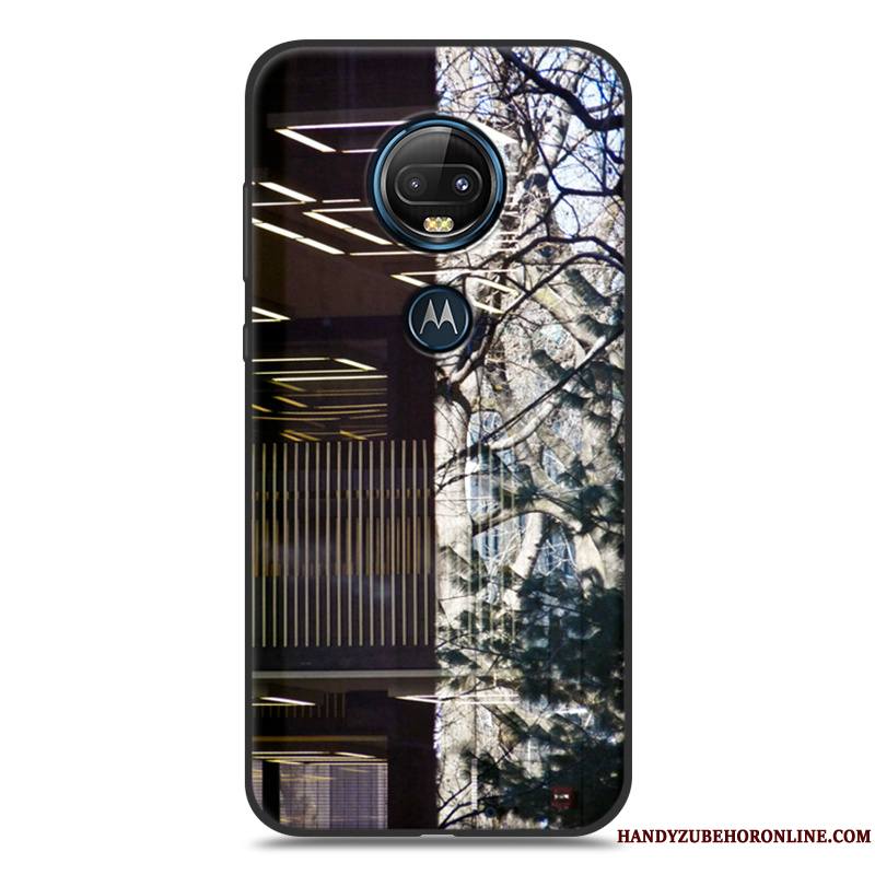 Moto G7 Plus Coque Délavé En Daim Tout Compris Fluide Doux Peinture Silicone Noir Étui